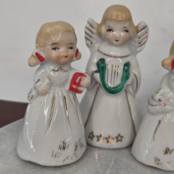 Vintage Japan Angel Bell Figurines Set of 4 Christmas Choir Gold Trim Porcelain - Picture 3 of 8